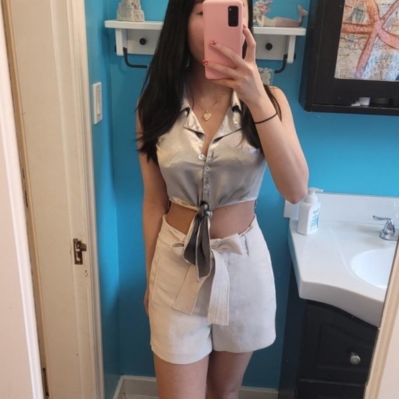 Joule Energy Vintage Tie Waist Sleeveless Blouse S Metallic Silver - Picture 2 of 9